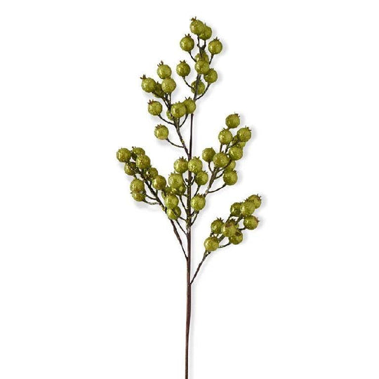 27-inch green rosehip stem featuring a sparkling crackle glitter finish on polyfoam berries for holiday decor.