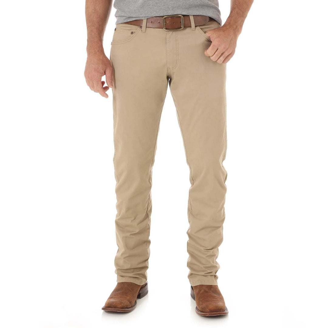 Men wearing khaki slim straight fit twill pants with a classic five-pocket design and zipper fly closure.