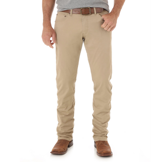 Men wearing khaki slim straight fit twill pants with a classic five-pocket design and zipper fly closure.