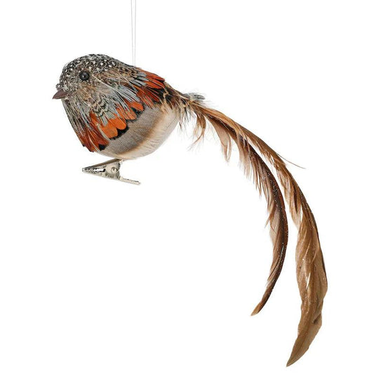 8-inch bird ornament with realistic brown and orange feathers, long tail, and a metal clip for holiday tree decorating.