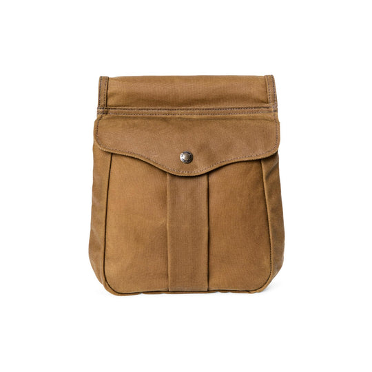 Brown leather pouch with a flap and button on a white background
