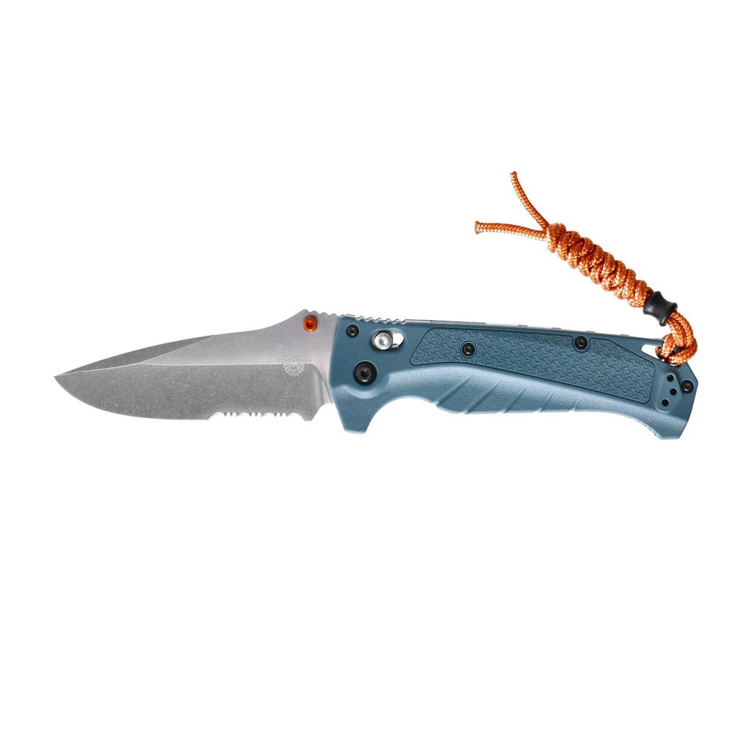 Benchmade Adira folding knife with a blue Grivory handle, stonewashed MagnaCut drop-point blade, and orange lanyard.
