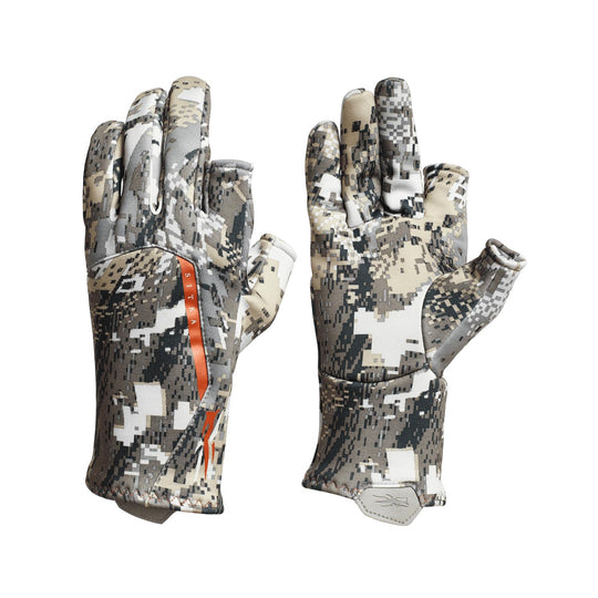 Sitka Fanatic hunting gloves in camo print with half-finger design on thumb and forefinger for dexterity.