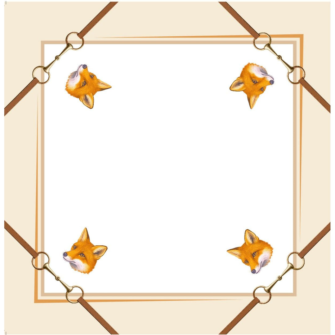 22-inch square cotton dinner napkin with a fox motif and equestrian-style leather strap border on cream fabric.