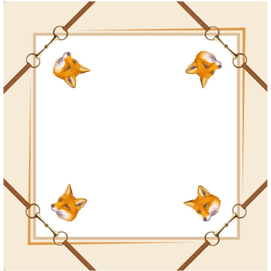22-inch square cotton dinner napkin with a fox motif and equestrian-style leather strap border on cream fabric.