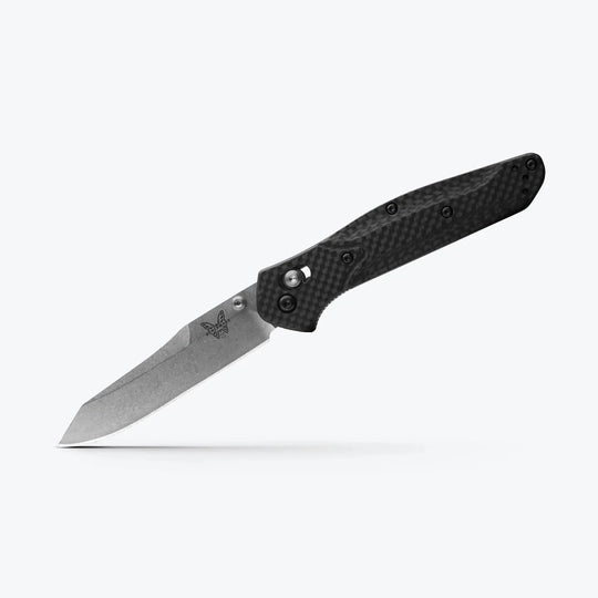 Benchmade 940 Osborne folding knife with a carbon fiber handle and satin finish blade featuring the AXIS locking mechanism.