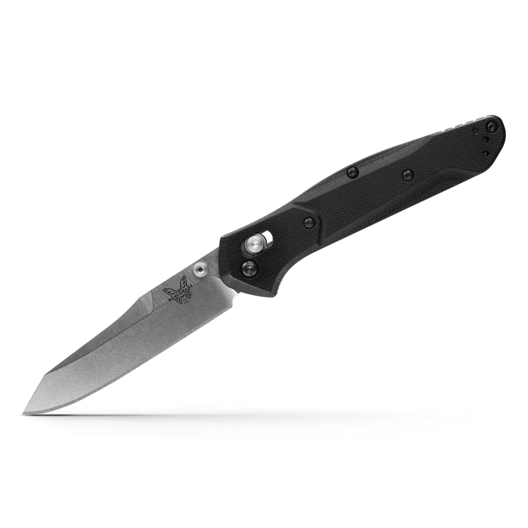 Benchmade Osborne 940 folding knife with a black G10 handle and a satin finish manual-opening blade.
