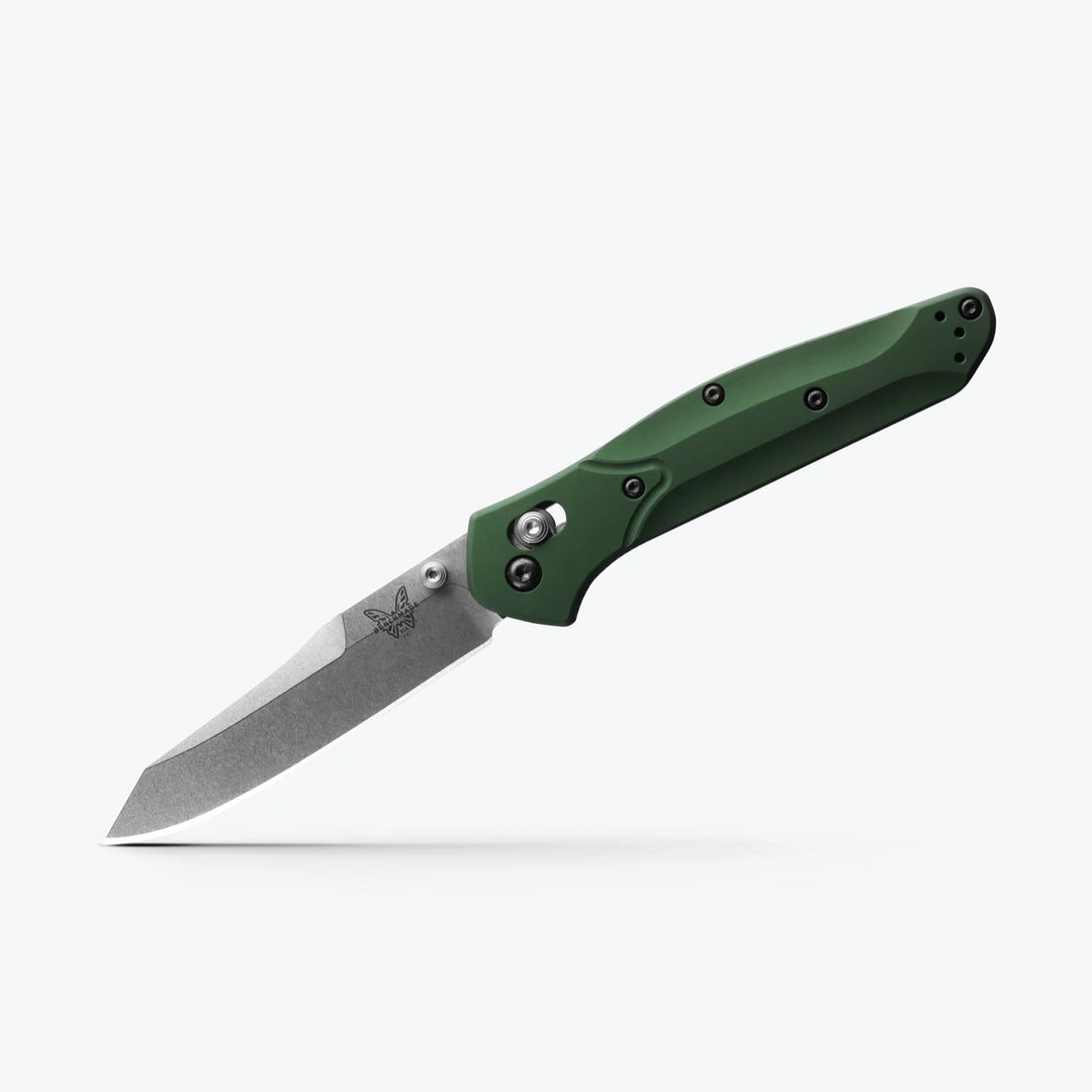 Benchmade 940 Osborne EDC knife with a green anodized aluminum handle and a satin-finished stainless steel reverse tanto blade.