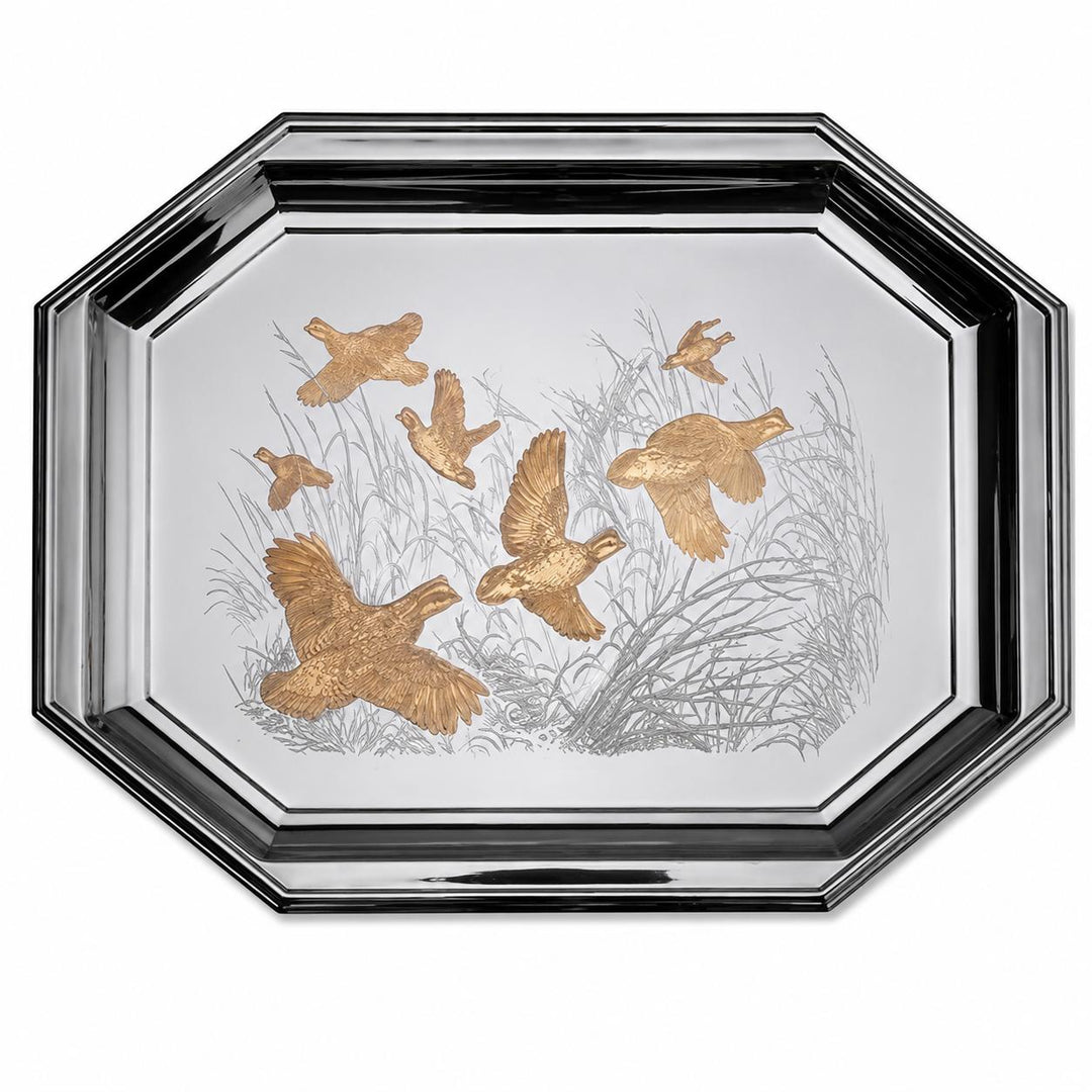Bob White Quail Covey in Gold Inlay Stainless Steel Serving Tray-Home/Giftware-Kevin's Fine Outdoor Gear & Apparel