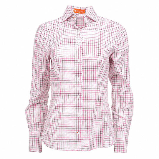 Women’s long-sleeve button-down shirt in a pink and brown tattersall check pattern made from Egyptian cotton.