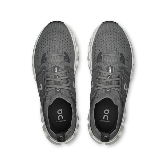 Top-down view of grey On Running Cloudswift 4 road shoes featuring a breathable mesh upper and cushioned Helion foam midsole.