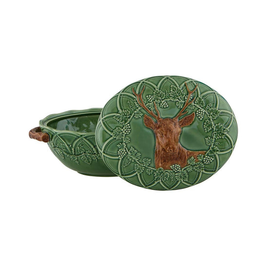 Hand-painted green earthenware tureen featuring a detailed deer relief and vine motifs from the Bordallo Pinheiro Woods collection.
