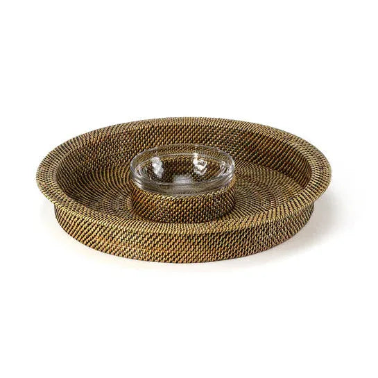 Wicker Round Chip & Dip Tray with Glass Dish