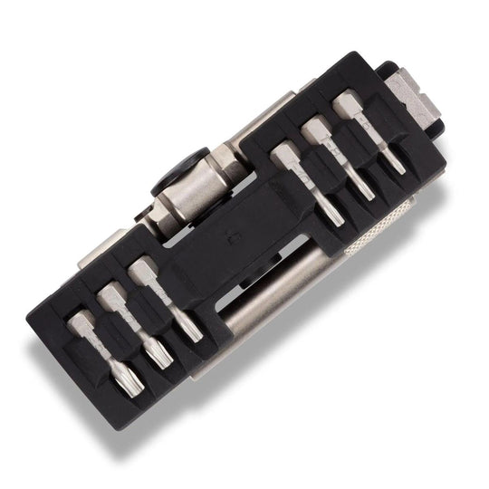 Fix It Sticks multi-tool with silver steel bits organized in a compact black molded storage bracket.