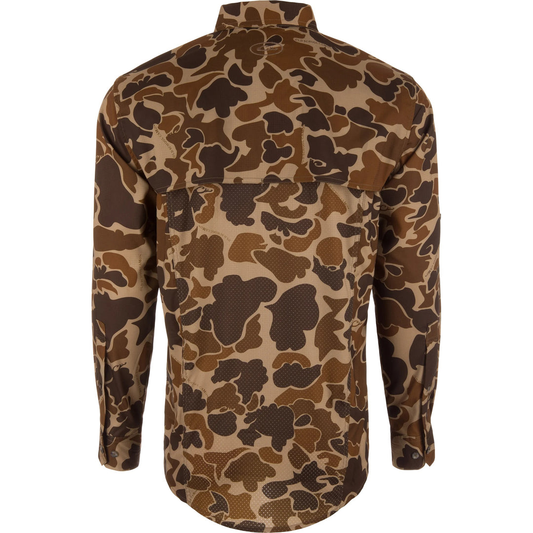 Back view of Drake EST Wingshooter long sleeve shirt in brown camo print with a vented cape back design.