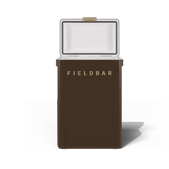 Brown Fieldbar Drinks Box Mk II hardcase cooler with a premium matte finish and gold-toned branding.