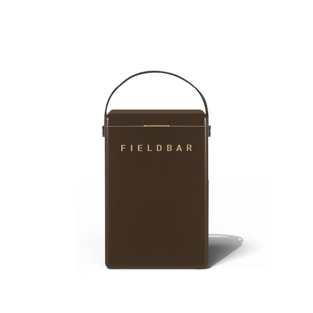 Brown Fieldbar Drinks Box Mk II hardcase cooler with a sleek design, gold lettering, and a leather carry handle.
