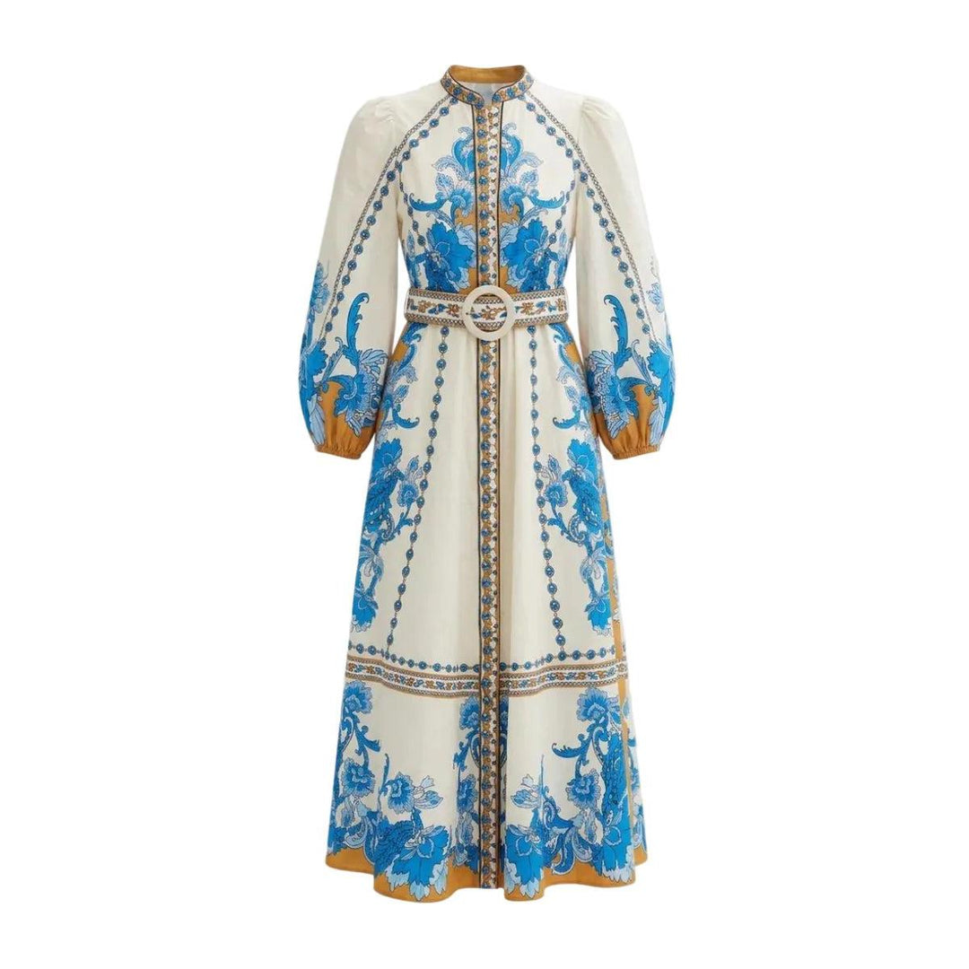 Scarlett Poppies Baroqueen Floral Dress-Women's Clothing-Papyrus/Blue and Golden Yellow Border-XS-Kevin's Fine Outdoor Gear & Apparel