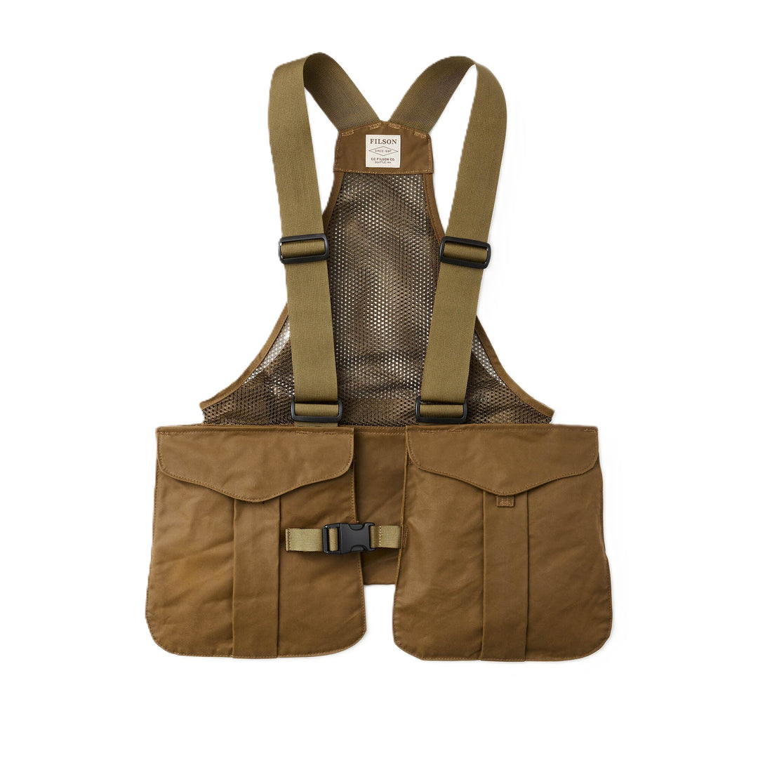 Tan Filson mesh game bag vest with oil finish Shelter Cloth pockets, adjustable nylon straps, and front buckle closure.