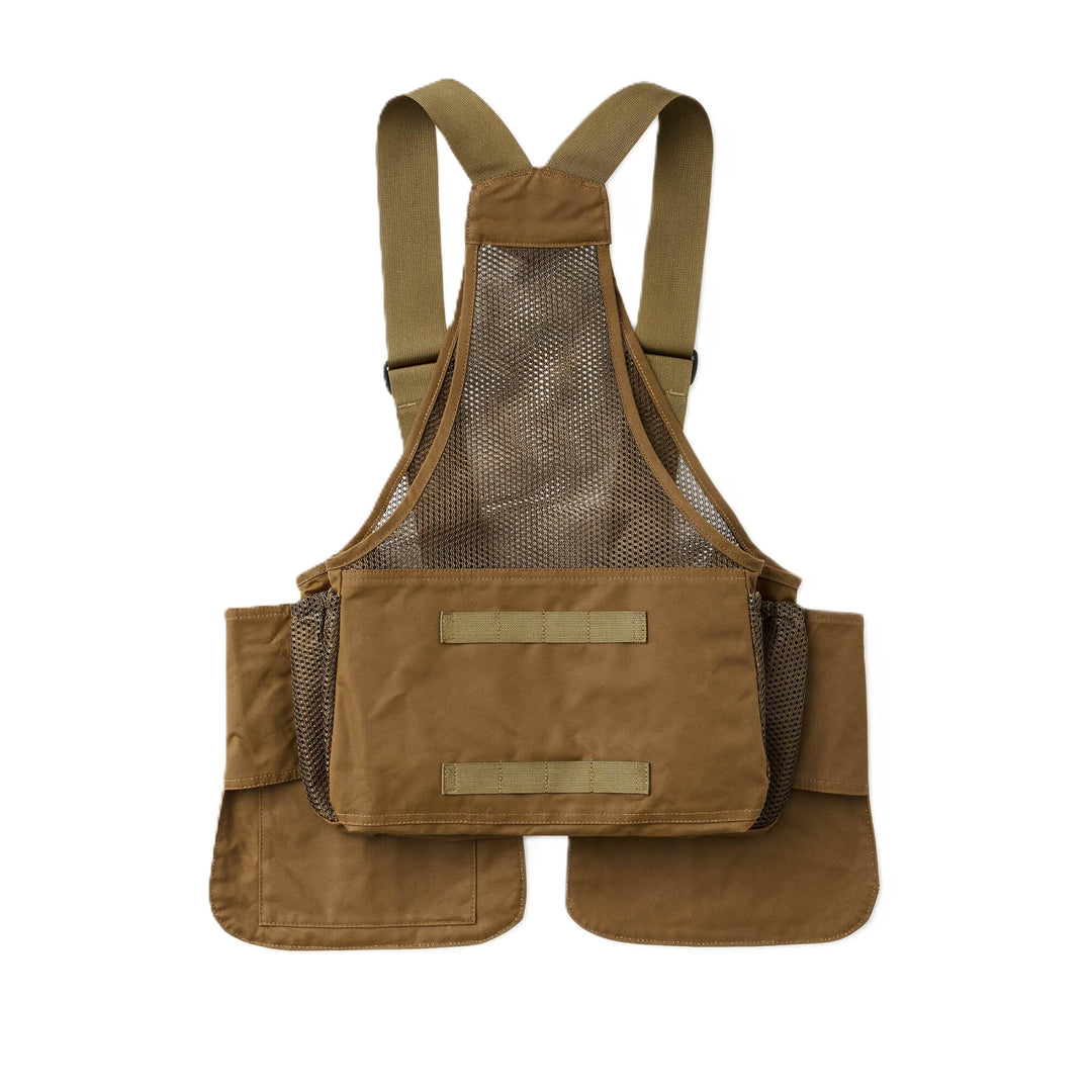 Tan Filson mesh hunting vest with oil finish Shelter Cloth pockets, adjustable shoulder straps, and rear game bag.
