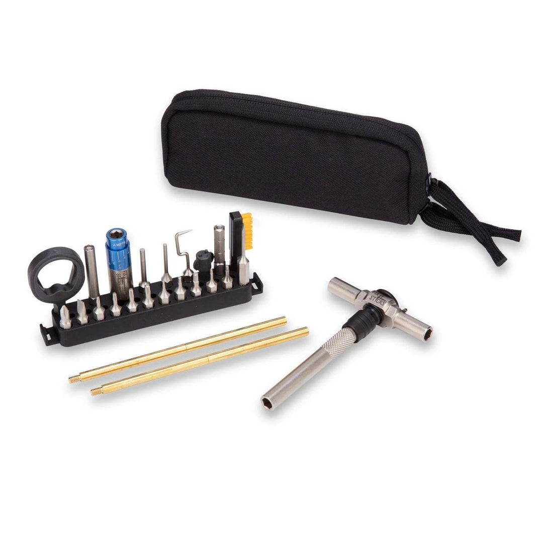 Fix It Sticks handgun tool kit with T-handle, torque driver, brass rods, and bits in a black zippered carrying case.