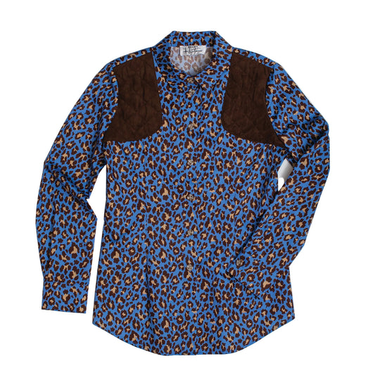 Kevin's Huntress Blue Cheetah Print Shooting Shirt-Women's Clothing-Blue with Chocolate Patches-XS-Kevin's Fine Outdoor Gear & Apparel