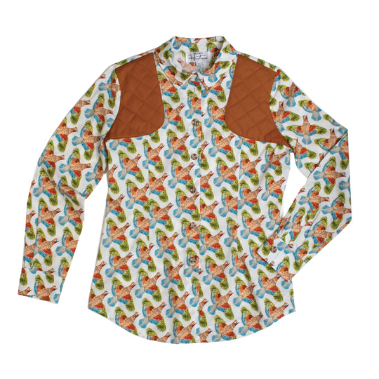 Kevin's Huntress Quail Print Shooting Shirt-Women's Clothing-Quail with Milk Chocolate Wax Patches-XS-Kevin's Fine Outdoor Gear & Apparel