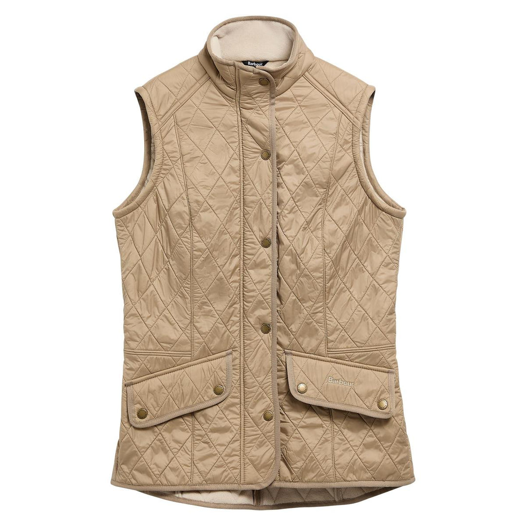 Beige Barbour Cavalry diamond-quilted gilet with a funnel neck, fleece lining, and angled pocket flaps.