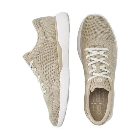 Peter Millar Glide V3 sneakers in beige mesh with white laces and a lightweight white foam outsole.