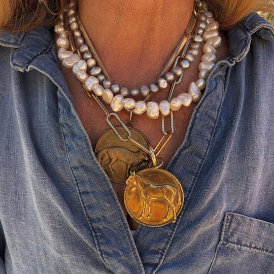 18K gold-filled paperclip chain necklace featuring a removable brass vintage fox pendant layered with pearls.