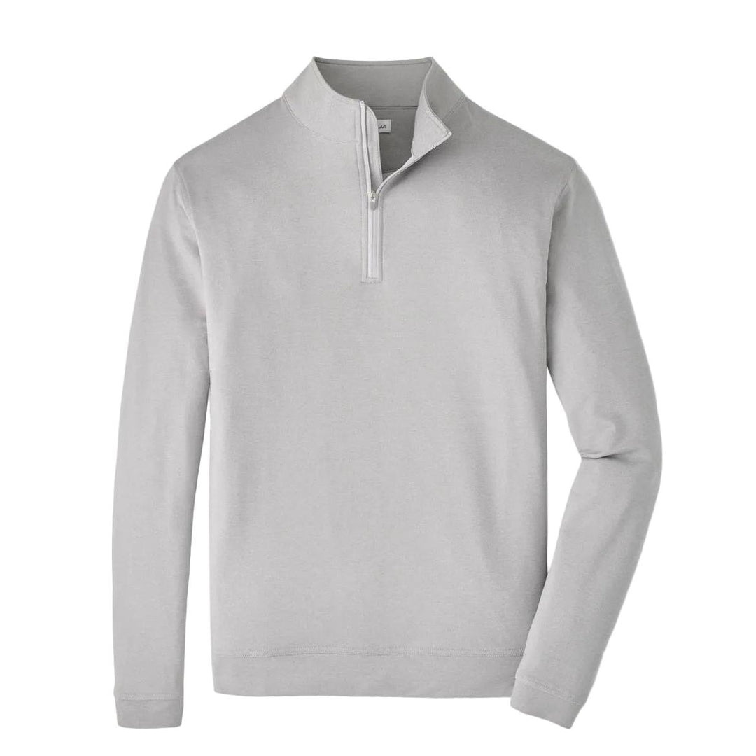 Light grey Peter Millar Perth melange performance quarter-zip pullover with a mock collar and long sleeves.
