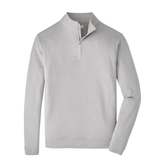 Light grey Peter Millar Perth melange performance quarter-zip pullover with a mock collar and long sleeves.