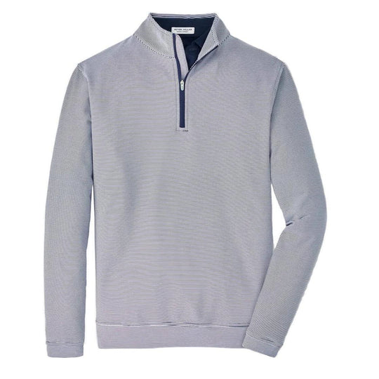 Peter Millar Perth navy and white sugar stripe performance quarter-zip pullover with mock collar and banded cuffs.