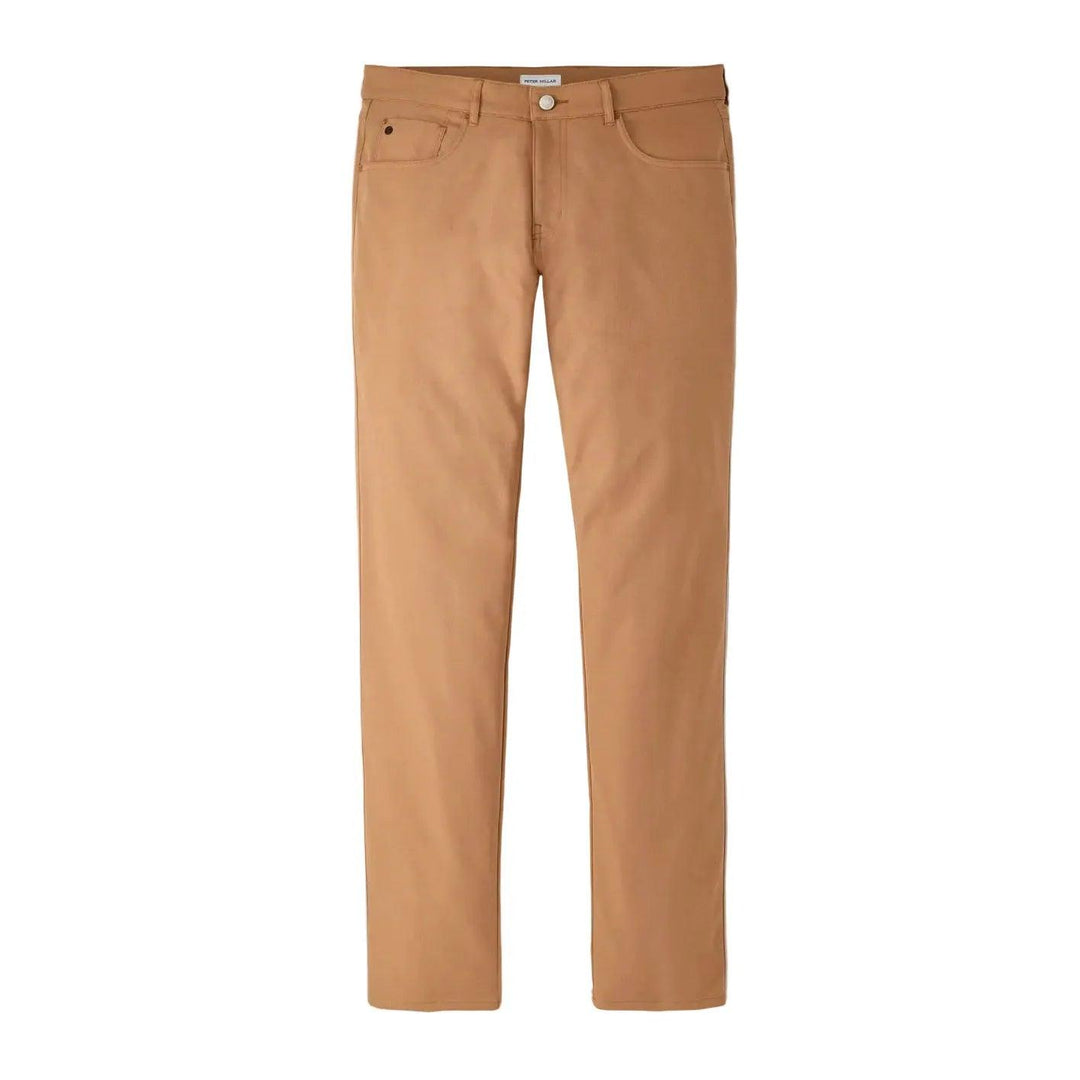 Tan Peter Millar EB66 performance five-pocket pants in stretch twill fabric with a button-front closure.