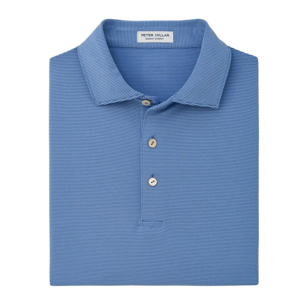Blue Peter Millar performance jersey polo with fine horizontal stripes, a self-fabric collar, and three-button placket.
