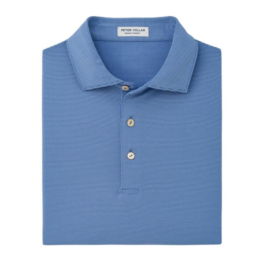 Blue Peter Millar performance jersey polo with fine horizontal stripes, a self-fabric collar, and three-button placket.