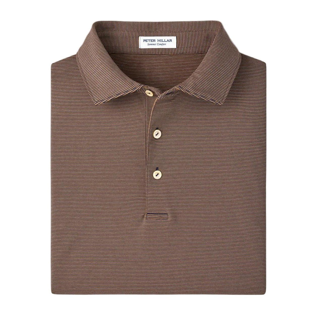 Peter Millar Jubilee performance polo in brown with fine horizontal stripes, a self-fabric collar, and a three-button placket.