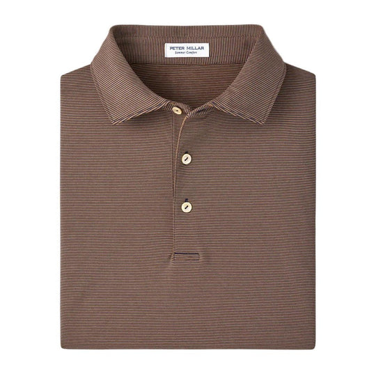 Peter Millar Jubilee performance polo in brown with fine horizontal stripes, a self-fabric collar, and a three-button placket.