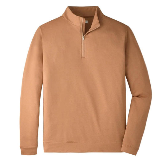 Tan Peter Millar Perth melange performance quarter-zip pullover with mock collar and banded cuffs.