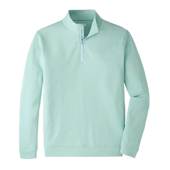 Peter Millar Perth light green striped performance quarter-zip pullover with mock collar and banded cuffs.