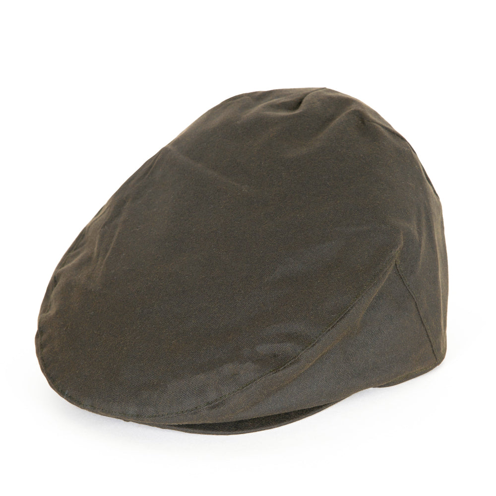 Olive green Barbour waxed cotton flat cap with a classic country-style design on a white background.