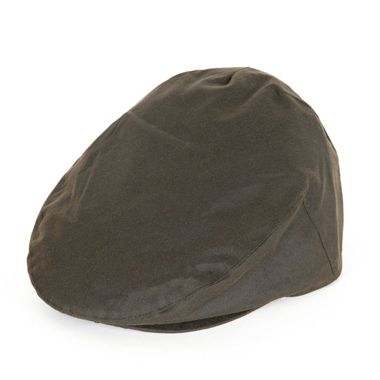 Olive green Barbour waxed cotton flat cap with a classic country-style design on a white background.