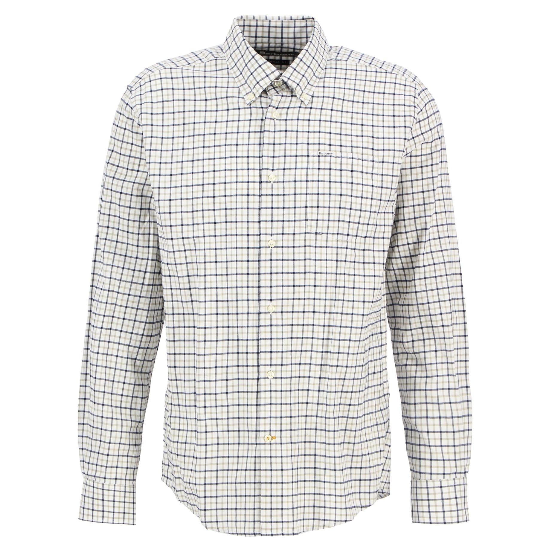 Barbour Preston cotton twill shirt in a white, navy, and beige tattersall check pattern with a chest pocket and logo.