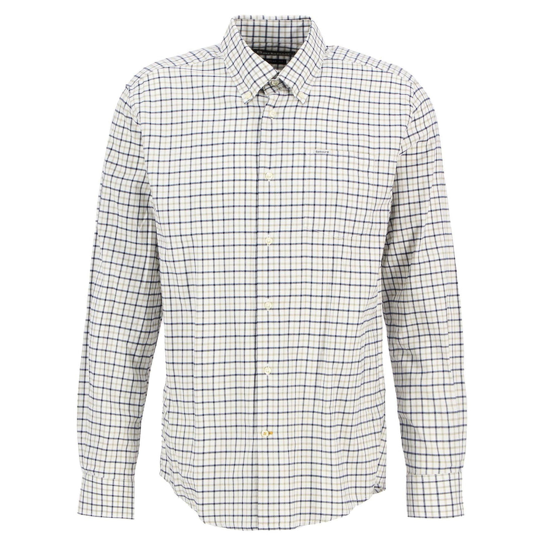 Barbour Preston cotton twill shirt in a white, navy, and beige tattersall check pattern with a chest pocket and logo.
