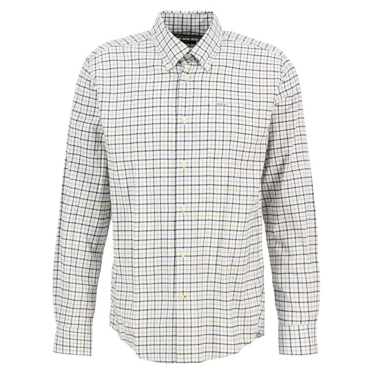 Barbour Preston cotton twill shirt in a white, navy, and beige tattersall check pattern with a chest pocket and logo.