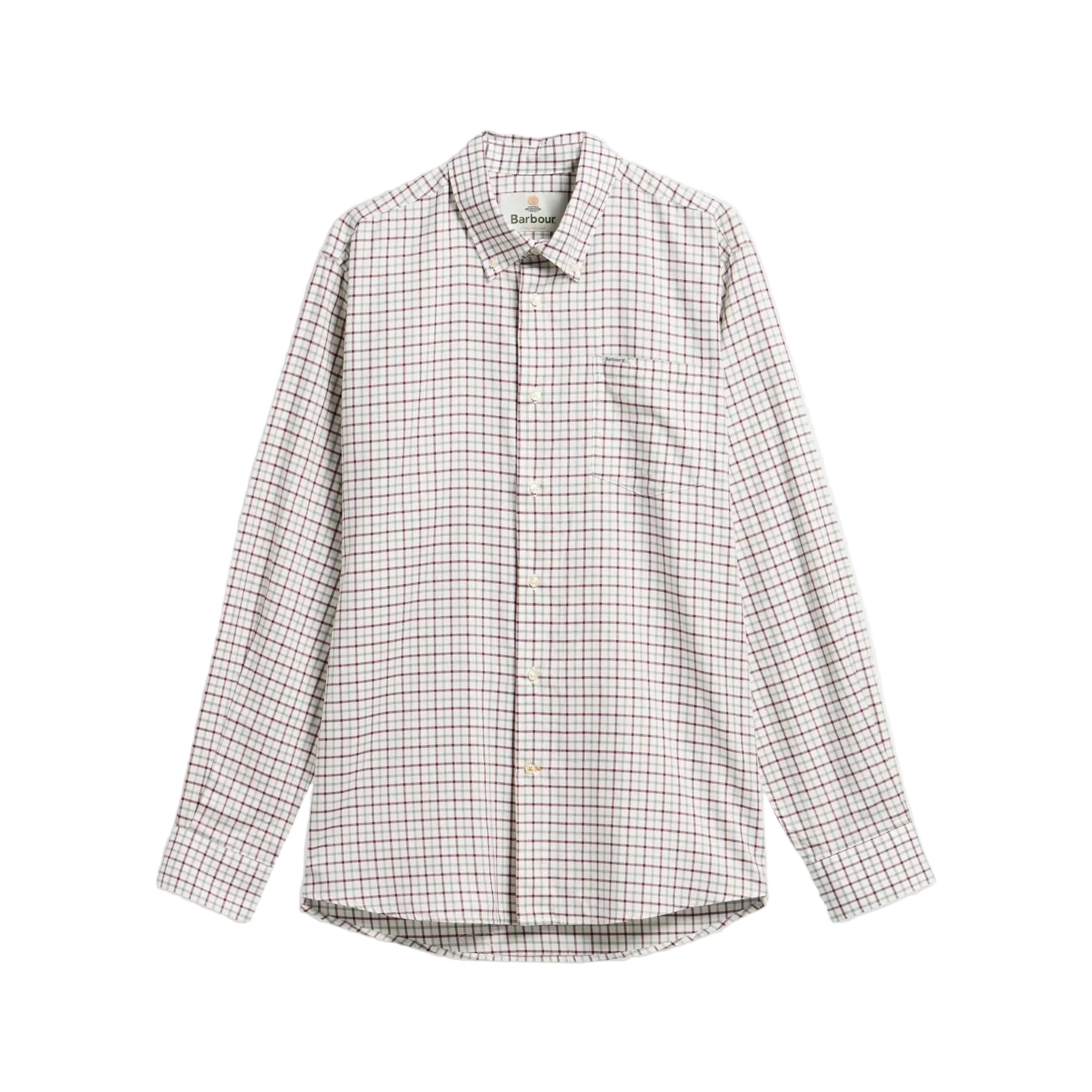 Barbour Preston long-sleeve shirt in white cotton twill with a classic red and navy tattersall check pattern.