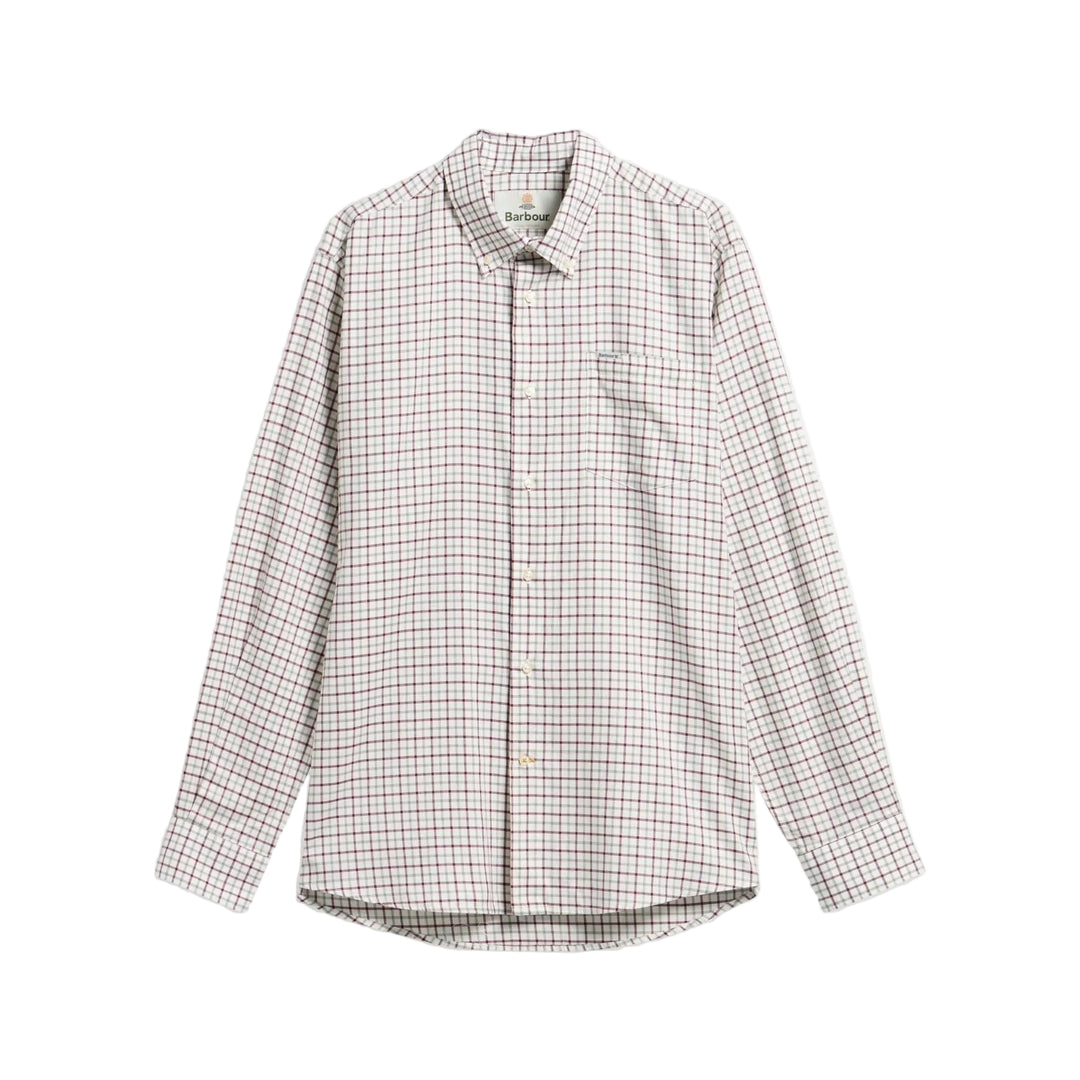 Barbour Preston long-sleeve shirt in white cotton twill with a classic red and navy tattersall check pattern.