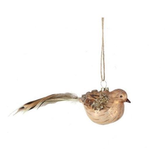 8" Glass W/ Feather Quail Ornament