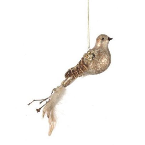 8" Glass W/ Feather Quail Ornament