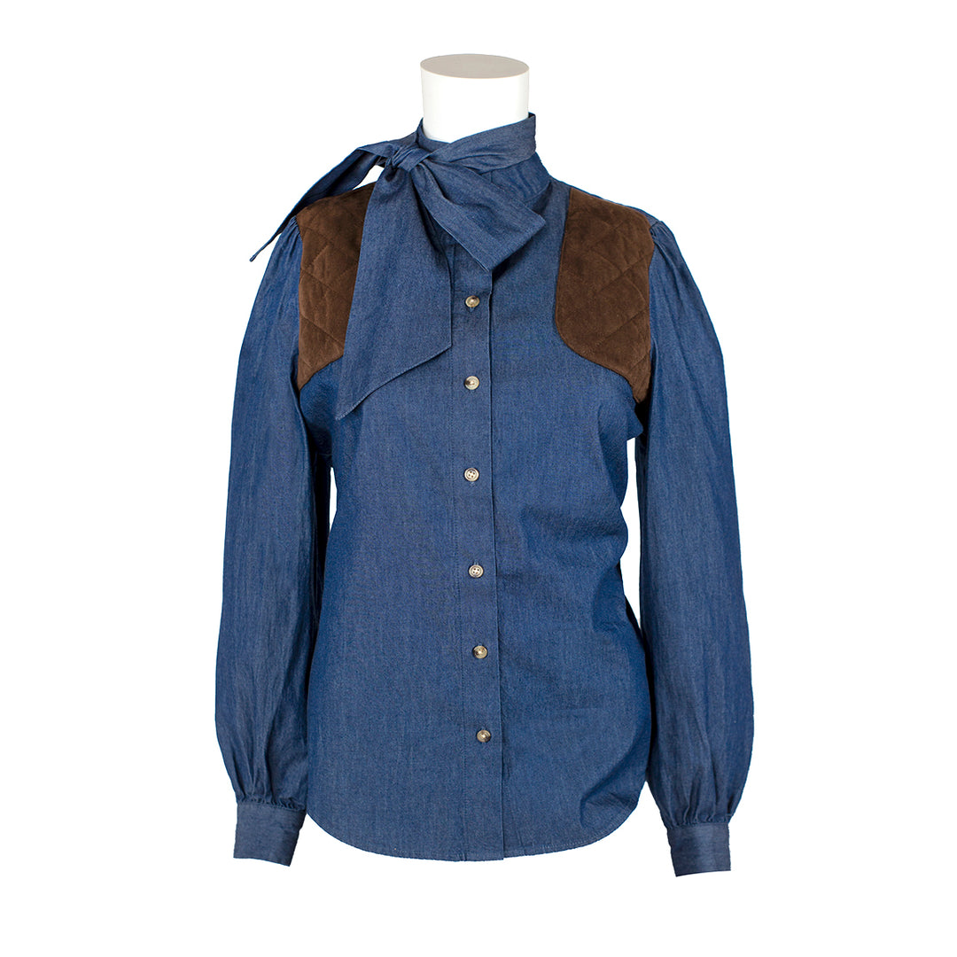 Kevin's Huntress Long Puff Sleeve Tie Blouse-Women's Clothing-Denim Chambray with Chocolate Patches-XS-Kevin's Fine Outdoor Gear & Apparel